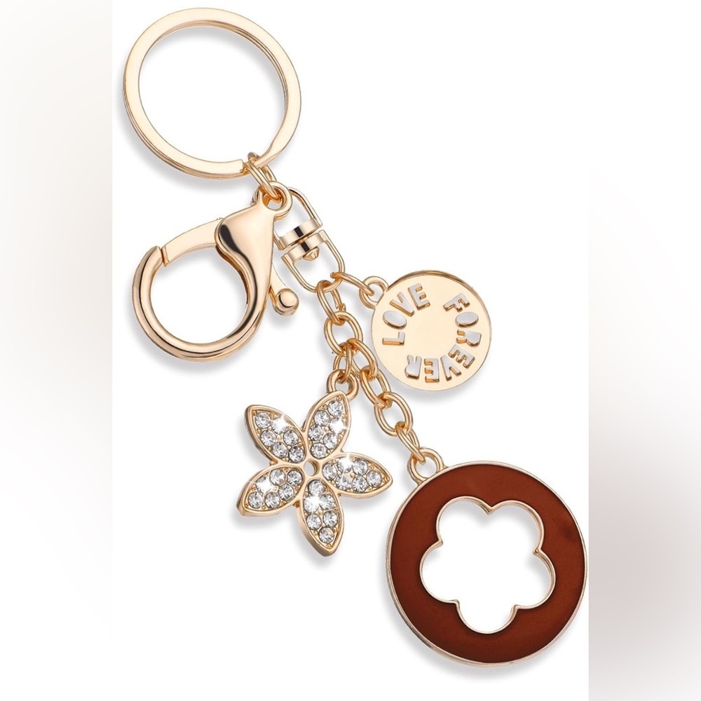 Gold-Tone Flower & Clover Bag Charm / Keychain – Rhinestone Accents - Picture 4 of 10